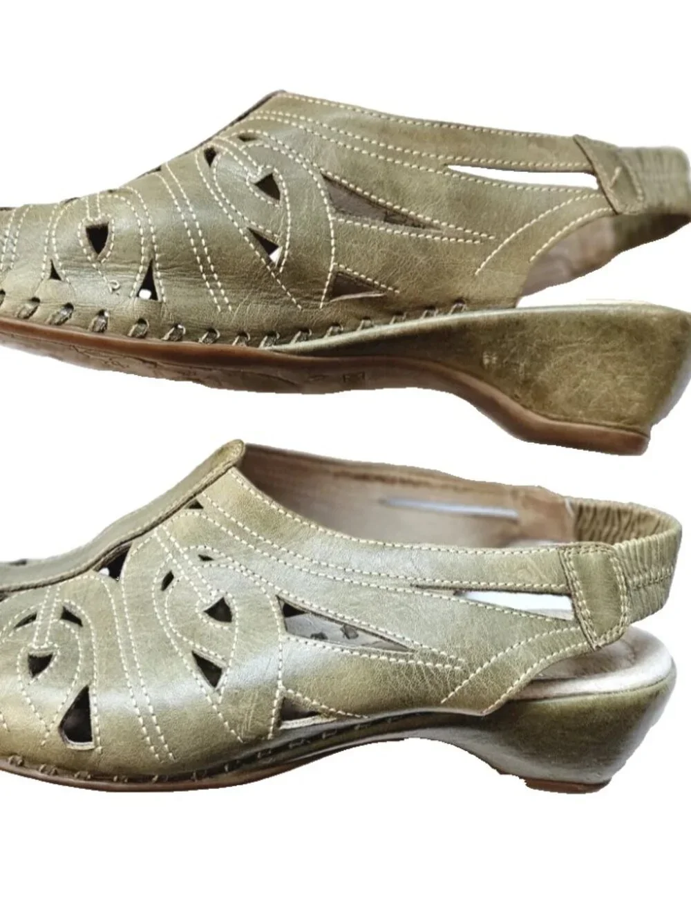 Pikolinos Slingback Green Leather Laser Cut Wedge Sandals Size 10-10.5 EU 41